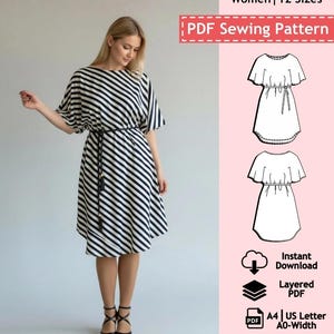 Könnte beinhalten: Eine Frau trägt ein schwarz-weiß gestreiftes Tunika-Kleid mit passendem Gürtel. Das Bild enthält ein PDF-Schnittmuster mit dem Text "Tunic Women | 12 Sizes PDF Sewing Pattern". Das Muster bietet Sofort-Download und Layered-PDF-Optionen.