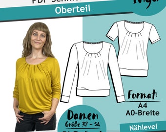 PDF Schnittmuster Oberteil Inga (Longsleeve und T-Shirt) mit Falten, Gr. 32 - 54 | eBook Damen Schnitt mit farbiger Nähanleitung (deutsch)