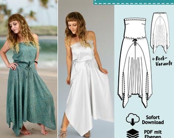 PDF sewing pattern with layers: Bandeau dress / Summer dress Kate (+ skirt), sizes 32-44 | Women's ebook maxi dress, full-color sewing instructions (German)