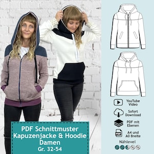 PDF Schnittmuster Damen Zipperjacke/Hoodie Bonnie, Gr. 32 bis 54 | eBook Schnitt mit farbiger Nähanleitung (deutsch)