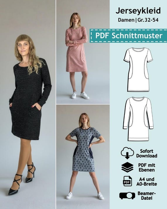 jersey dress sewing pattern Dress Sewing Pattern | Long Sleeve Dress Sewing Pattern | Jersey Dress  Pattern | Modern Pattern | Printable Pattern | Women PDF Pattern