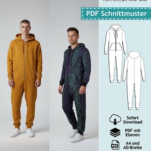 PDF Schnittmuster mit Ebenen Unisex Jumpsuit Alex, Gr. XXS-3XL | e-book, Herren & Damen Schnitt Onesie mit farbiger Nähanleitung (deutsch)