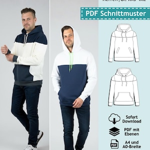 Könnte beinhalten: Ein zweifarbiges Hoodie in Marineblau, Weiß und Grau, mit Kapuze mit Kordelzug und Kängurutasche. Das Bild zeigt eine Person, die das Hoodie trägt, zusammen mit einer Strichzeichnung des Hoodies und dem Text "Hoodie" und "PDF Schnittmuster".