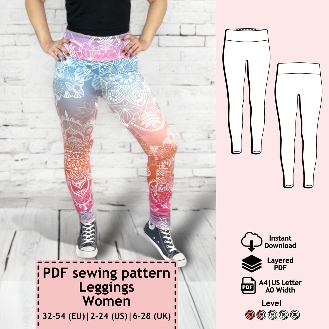Women Leggings PDF Sewing Pattern, Pants Pattern, Sports Pants Pattern