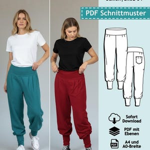 PDF sewing pattern with layers, women's yoga pants Lea, sizes 32-54 | e-book pattern for sports pants, jersey pants with color sewing instructions (German)