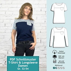PDF Schnittmuster mit Ebenen Longsleeve & T-Shirt mit Tasche Nicky, Gr. 32-54 | e-Book Damen Schnitt Oberteil, Top, Nähanleitung (deutsch)