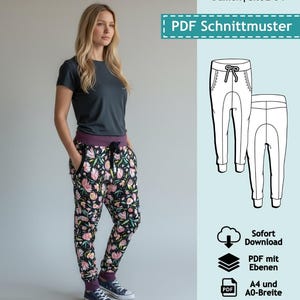 PDF sewing pattern for layered jogging pants with a low crotch, Linn / Sweatpants, sizes 32-54 | eBook women's sewing pattern with instructions (German)