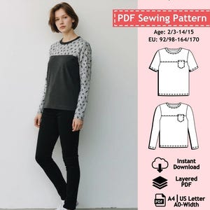 Könnte beinhalten: Eine Frau trägt ein langärmeliges T-Shirt mit einem grau-schwarzen Farbblock-Design und eine schwarze Hose. Das Shirt hat ein Muster auf den Ärmeln. Das Bild enthält auch ein PDF-Schnittmuster für Kinder-Langarm-T-Shirts mit Größen- und Altersangaben.