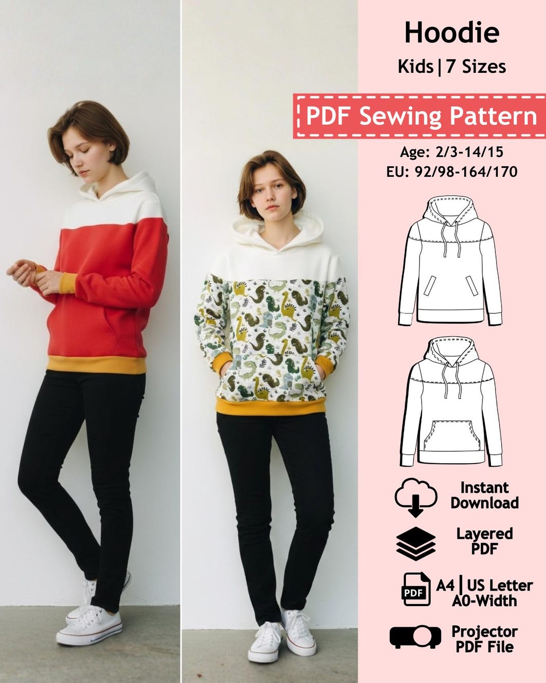 PDF Sewing Pattern - Hoodie, Hooded Pullover - Kids | Ebook With ...