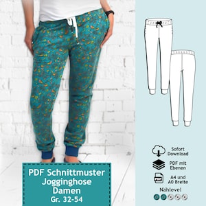PDF Schnittmuster mit Ebenen - Damen Jogginghose Anita, Gr. 32-54 | e-Book Schnitt Sporthose, Sweatpants mit farbiger Nähanleitung (deutsch)
