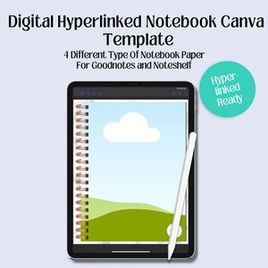 Peut inclure: Un modèle de carnet numérique affiché sur l'écran d'un iPad. Le modèle présente un ciel bleu avec un nuage blanc et des collines vertes. Le carnet a une reliure spirale en cuivre. Le texte "Hyper-linked Ready" est affiché dans un cercle turquoise.