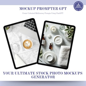 May include: Two tablet computer mockups on a white marble surface. The tablet on the left shows a coffee cup with a latte art design. The tablet on the right shows a white towel, a jar of cream, and a bottle of essential oil.