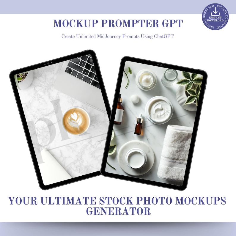 May include: Two tablet computer mockups on a white marble surface. The tablet on the left shows a coffee cup with a latte art design. The tablet on the right shows a white towel, a jar of cream, and a bottle of essential oil.