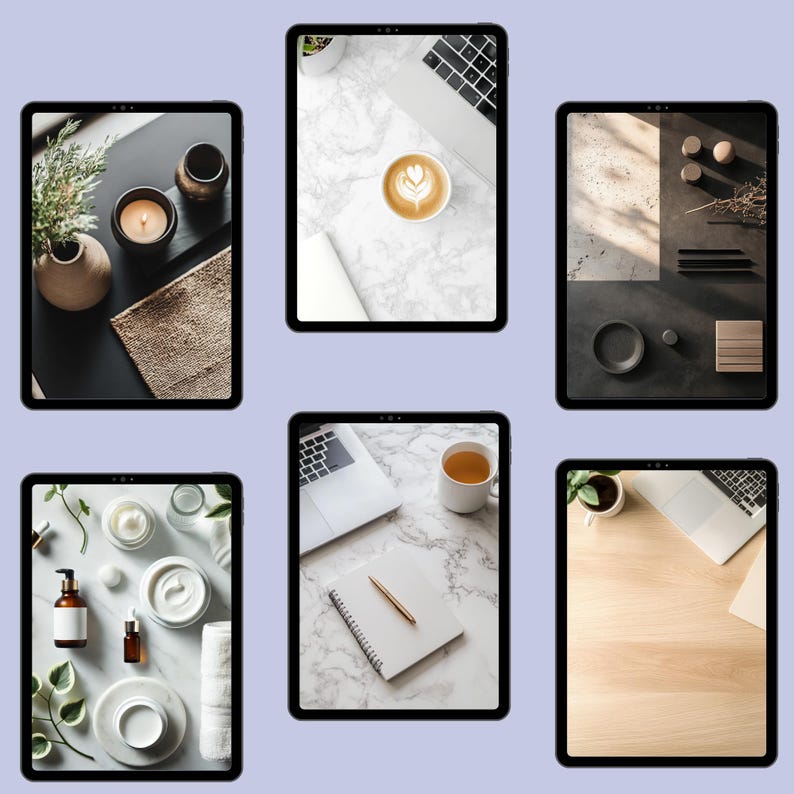 May include: Six different screen shots of a laptop computer on a white marble surface, a wooden surface, and a black surface. The laptop is open and the screen is showing a blank white screen. There is a cup of coffee on the marble surface, a cup of tea on the wooden surface, and a pen and notebook on the marble surface.