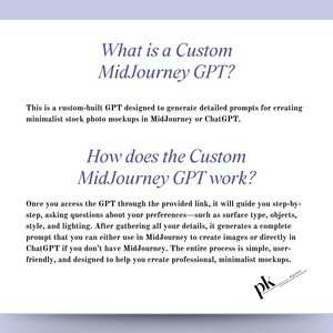 May include: Text explaining how a custom-built GPT can be used to generate detailed prompts for creating minimalist stock photo mockups in Midjourney or ChatGPT. The text includes the words "What is a Custom MidJourney GPT?" and "How does the Custom MidJourney GPT work?"