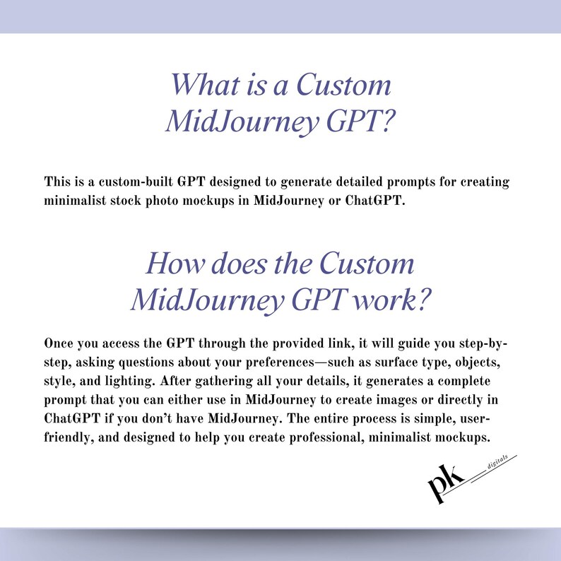 May include: Text explaining how a custom-built GPT can be used to generate detailed prompts for creating minimalist stock photo mockups in Midjourney or ChatGPT. The text includes the words "What is a Custom MidJourney GPT?" and "How does the Custom MidJourney GPT work?"