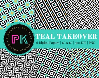 Teal Takeover Digital Papers Download | Geometric Patterns | Colorful Paper | Seamless Digital Paper | Commercial Use Digital Paper