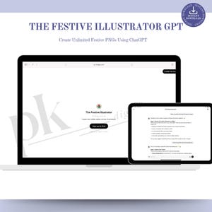 May include: Screenshot of a website called "The Festive Illustrator" with a red and green Christmas bauble icon. The website offers to create unlimited festive PNGs using ChatGPT. The website has a sign-up button that says "Sign up to chat".
