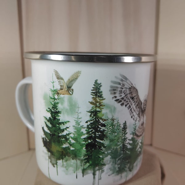 Enamel cup owl in the forest