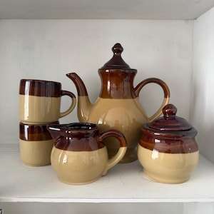 Vintage Brown Pottery Tea Set - 6 Piece 1970s Stoneware Taiwan