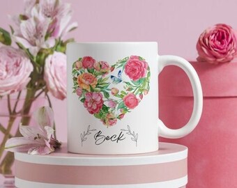 Personalized Floral Heart Mug | Custom Name Ceramic Coffee Cup