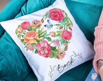 Personalized Floral Heart Pillow Cover | Custom Name Square Cushion