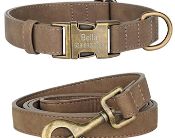 Collar de identificación para perro de cuero sintético suave personalizado / Conjunto de collar y correa para perro