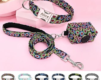 Personalized Engraved Dog Collar Leash Waste Bag Set | Custom Name Dog Collar ID Tag Set