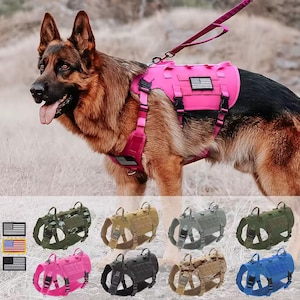 Pode incluir: Um cão Pastor Alemão usando uma coleira tática rosa brilhante com um patch da bandeira americana. A coleira tem alças ajustáveis ​​e um acessório para coleira. Abaixo estão várias outras opções de cores, incluindo verde, bege, cinza, preto e azul.