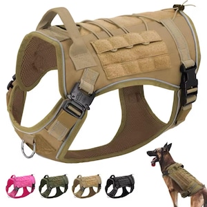 May include: A tan tactical dog harness with multiple pockets and adjustable straps. The harness has a handle on the top and a D-ring on the side. The harness is shown on a dog, and there are five different colour variations shown below.