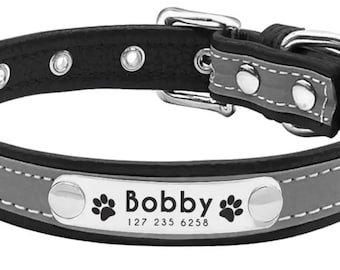 Personalized Full Reflective PU Leather Cat ID Collar  | Custom Name & Number Dog Pet Collar