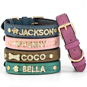 Personalized Leather Crystal Dog ID Collar | Custom Name Pet Collar