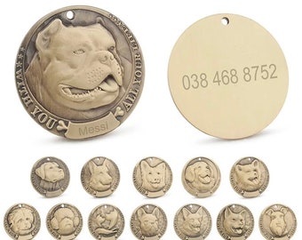 Placa de identificación de perro de latón personalizada / Nombre y número de mascota personalizados