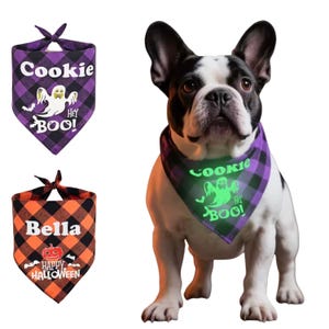 May include: A French Bulldog wearing a purple and black plaid Halloween dog bandana with the text "Cookie" and a glowing ghost graphic. Another orange and black plaid bandana with the name "Bella" and a pumpkin graphic is also shown.