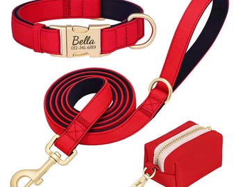 Personalized Waterproof Soft Padded Dog Collar Leash Waste Pouch Set | Custom Name ID Collar Set