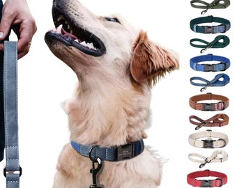 Personalized Braided Nylon Dog Collar & Leash Set | Engraved ID, PU Leather