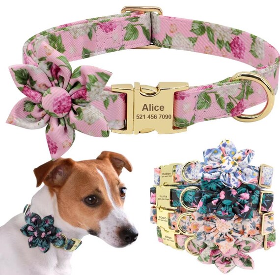 Personalisiertes Hundehalsband Mit Namensgravur – Größe L (38–63 Cm), Blumenmuster, Für Große Hunde