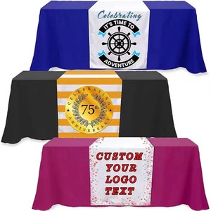 May include: Three table runners with different designs. The first runner is white with blue accents and the text "Celebrating It's Time To Adventure". The second runner is yellow and white striped with a gold circle that says "Celebrating 75th Anniversary". The third runner is white with a pink and white floral pattern and the text "Custom Your Logo Text".