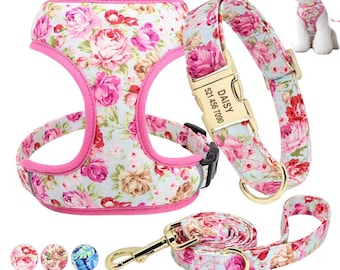 Personalized Floral Dog Harness Collar Leash Set | Custom Name & Number Dog Vest Collar