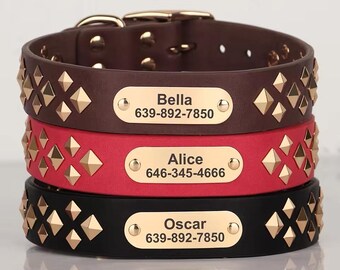 Personalisiertes Hundehalsband Mit Namensschild – Reflektierend & Mit Nieten | Leder-Optik Verstellbar