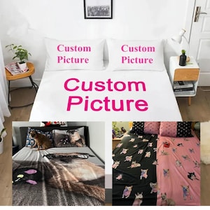 Sábana ajustable con foto y diseño personalizados / Sábana ajustable personalizada con fundas de almohada
