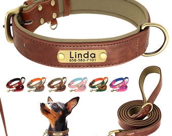 Personalized PU Leather Dog Collar & Leash Set | Custom ID Padded Pet Collar