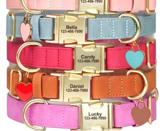 Personalized Dog Collar with Heart Tag | Soft PU Leather Custom Engraved Name & Number