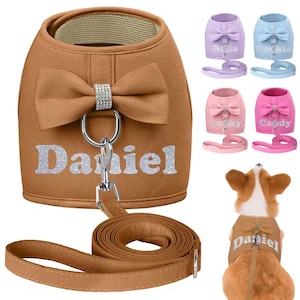 May include: A brown dog harness with a bow and the name "Daniel" in silver glitter. The harness includes a matching lead. Additional harnesses in purple, blue, pink, and fuchsia are also shown, each with a bow and a pet's name.