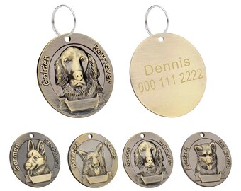 Placa de identificación de perro de latón personalizada / Retrato retro de mascota, grabado personalizado