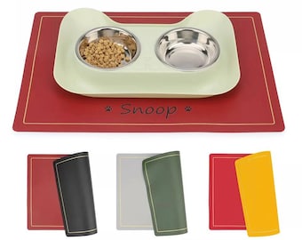 Personalized Double Sided PU Leather Pet Bowl Mat  | Custom Name Waterproof Pet Placemat