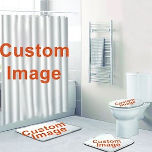 Custom Image 4 pcs Bathroom Set | Personalized Shower Curtain Bath Mat Toilet Seat Cover Pedestal Mat