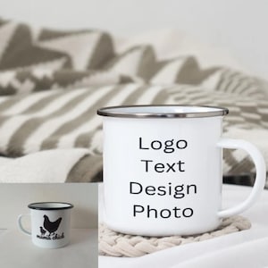 Mug blanc personnalisé en émail | Mug en émail avec logo texte personnalisé