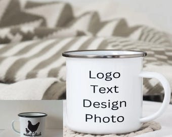 Personalized White Enamel Mug | Custom Photo, Text, Logo