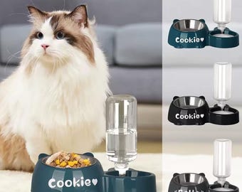 Personalized Tilted Cat Food Bowl & Automatic Water Bottle | Neck-Friendly Feeding